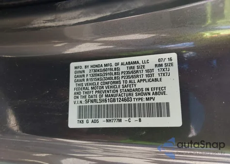 2016 Honda Odyssey Ex-L из США, поврежденный, VIN 5FNRL5H61GB124603